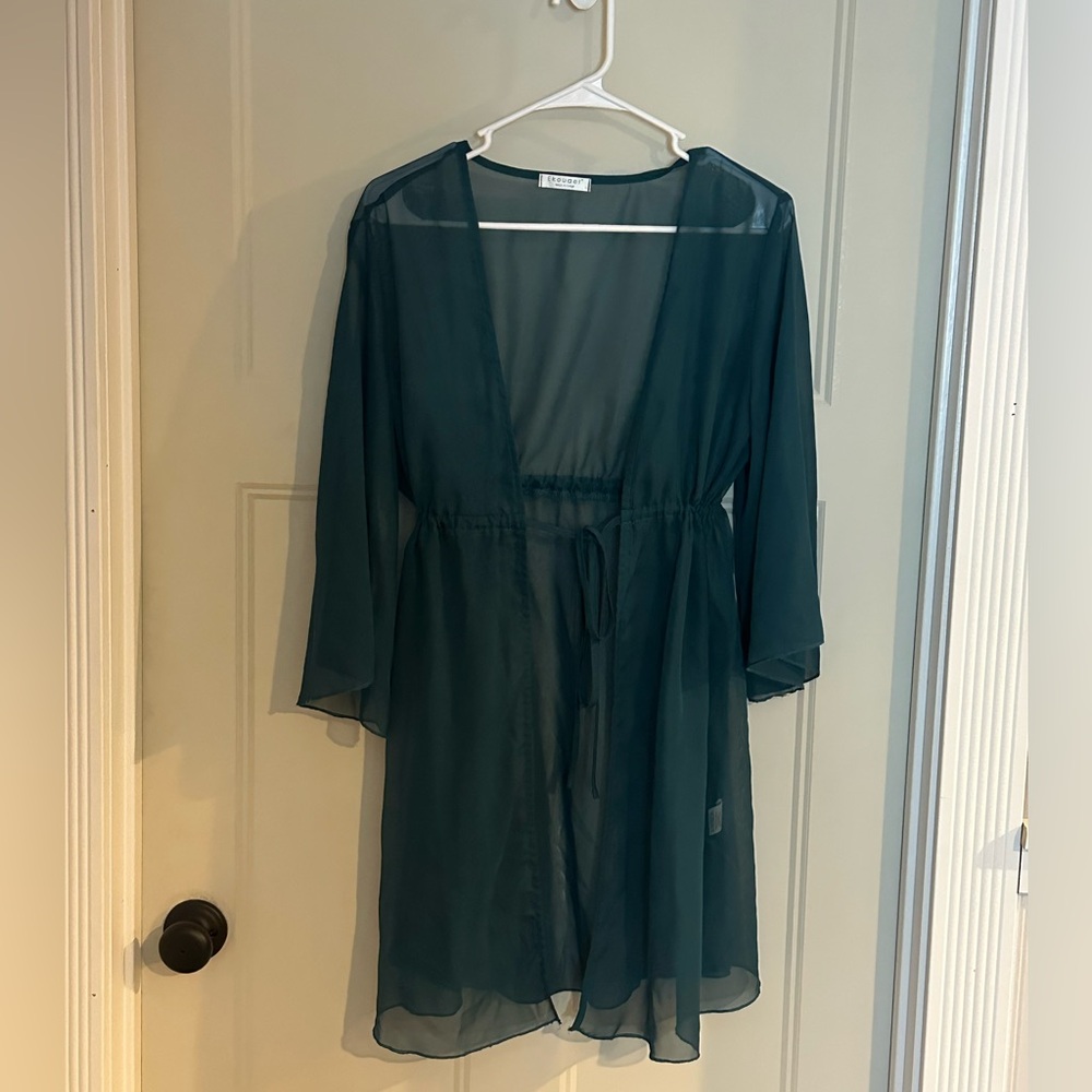 Sheer Teal Cover-Up Kimono With Tie Waist